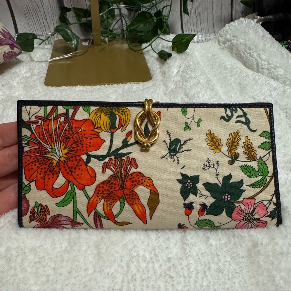 Gucci Floral Canvas Wallet in Cream, Orange, Green, Pink
